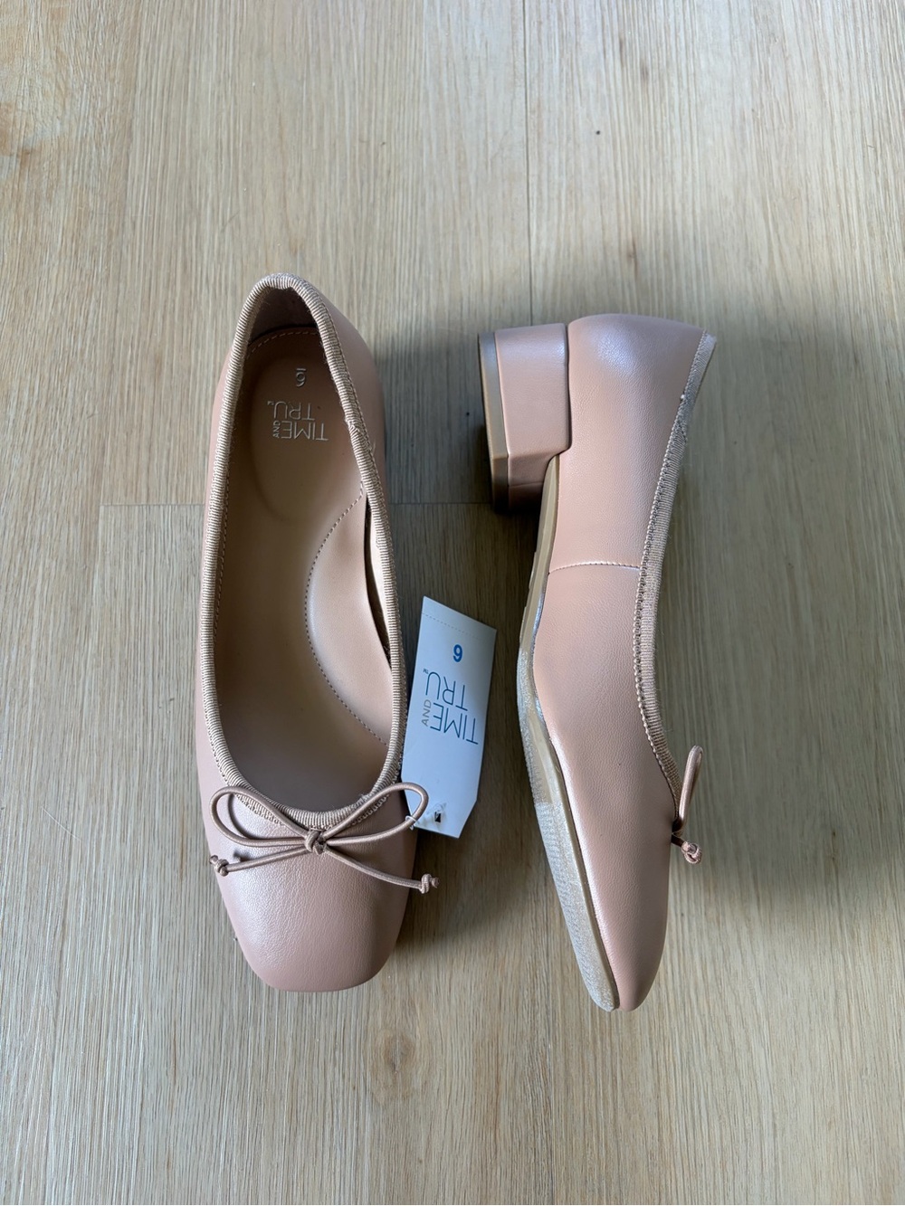 Time and Tru Nude Ballet Flats with Low Block Heel and Bow
